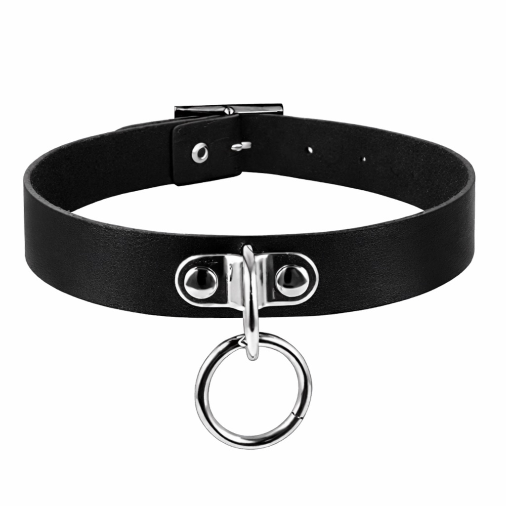 Black Leather O-Ring Choker Necklace Gothic Punk Collar 18$